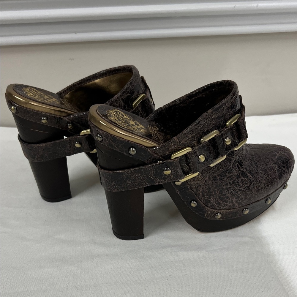 Vince Camuto Brown Leather Studded Mules size 6 6B heel 5” new no box - Picture 3 of 6